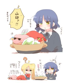 !? <o>_<o> 2girls ? ahoge blonde_hair blue_hair blush bocchi_the_rock! bowl chibi closed_eyes closed_mouth commentary_request cropped_torso cube_hair_ornament drooling gotoh_hitori gotoh_hitori_(tsuchinoko) hair_ornament in_bowl in_container jitome kita_ikuyo lettuce long_hair multiple_girls nose_blush rebecca_(keinelove) short_hair side_ponytail simple_background sparkle sweat translation_request white_background yellow_eyes