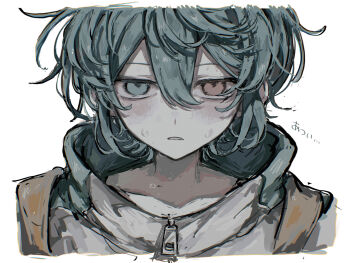 Rule 34 | 1boy, blue eyes, blue hair, collarbone, commentary request, double-parted bangs, griffon0416, hair between eyes, heterochromia, highres, male focus, parted lips, puyopuyo, red eyes, short hair, sidelocks, sig (puyopuyo), solo, translation request, zipper, zipper pull tab