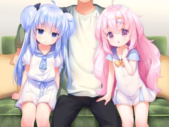 2girls ahoge black_pants blue_bow blue_eyes blue_hair blue_necktie blue_sailor_collar blush bow bowtie buttons collarbone couch double_bun feet_out_of_frame game_cg hair_bow hair_bun hand_up harem_futago_lolita head_out_of_frame large_variant_set loli long_hair multiple_girls necktie non-web_source open_mouth pants pillow pink_eyes pink_hair pleated_skirt sailor_collar shirt short_sleeves siblings sisters sitting skirt sunao_(harem_futago_lolita) tomari_(harem_futago_lolita) twins usashiro_mani variant_set white_shirt white_skirt yellow_bow yellow_bowtie