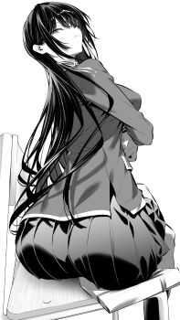 1girl ass black_hair box chair crossed_arms gift gift_box haite_kudasai_takamine-san highres hiiragi_yuuichi jacket long_hair monochrome on_chair pleated_skirt ribbon school_uniform sitting skirt takamine_takane