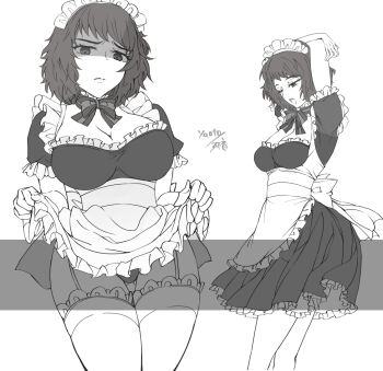 1girl apron apron_lift arms_up black_dress black_hair bow bowtie breasts cleavage closed_mouth clothes_lift commentary detached_collar dress english_commentary feet_out_of_frame frilled_apron frilled_sleeves frills garter_straps gluteal_fold greyscale kawakami_sadayo large_breasts looking_at_viewer maid maid_apron maid_headdress medium_hair monochrome multiple_views official_alternate_costume open_mouth panties pantyshot persona persona_5 shaded_face short_sleeves thigh_gap thighhighs underwear white_apron white_background yaoto