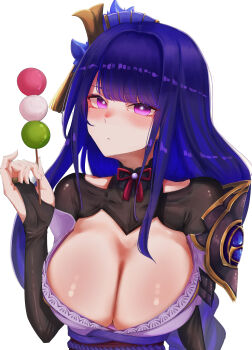 1girl absurdres armor blunt_bangs blush braid breasts bridal_gauntlets cleavage closed_mouth clothing_cutout commentary dango embarrassed food genshin_impact gradient_hair hair_ornament head_tilt highres holding holding_food huge_breasts japanese_clothes kimono long_braid long_hair looking_at_viewer looking_to_the_side mole mole_under_eye multicolored_hair murderdoll1641 neck_ribbon nose_blush off_shoulder purple_eyes purple_hair purple_kimono raiden_shogun red_ribbon red_sash ribbon sash shoulder_armor shoulder_cutout single_braid solo streaked_hair upper_body wagashi