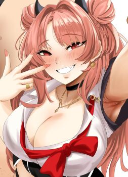 1girl absurdres arm_up armpit_stubble armpits black_choker black_skirt blue_archive blush bow bowtie breasts choker cleavage double_bun earrings fang from_above gyaru hair_bun hair_intakes highres horns jewelry kirara_(blue_archive) large_breasts long_hair necklace pink_hair pink_nails pinky_ring reaching red_bow red_eyes school_uniform selfie shirt skin_fang skindentation skirt smile solo thigh_strap untied_bowtie v w white_background white_shirt yonezu_(yonezu13)