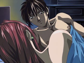 00s 1boy 1girl 2002 abs age_difference animated animated_gif anime_screenshot bare_shoulders bed bed_sheet bible_black bible_black_night_of_the_walpulgiss blush earrings green_eyes handjob hetero implied_handjob jewelry long_hair mature_female minase_taki muscular muscular_male nude older_female_and_younger_male pectorals red_hair short_hair takashiro_hiroko teacher_and_student uncensored under_covers