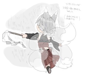 1boy alternate_costume animal_ears black_panties black_socks butt_crack chibi chibi_only clothing_cutout detached_sleeves facing_away final_fantasy final_fantasy_vii final_fantasy_vii:_ever_crisis flying fox_boy fox_ears full_body grey_hair hakama hakama_pants hattouissenbaka highres japanese_clothes kemonomimi_mode kitsune leg_up male_focus multiple_tails outdoors outstretched_arms panties pants rain red_pants sandals sephiroth sephiroth_(ever_crisis) shide short_hair side-tie_panties side_slit socks solo tail tail_through_clothes translation_request underwear wide_sleeves