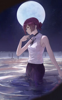 1girl black_choker black_ribbon chainsaw_man choker closed_mouth collared_shirt full_moon hair_bun highres moon neck_ribbon night outdoors pool purple_hair purple_shorts rakizuuu reze_(chainsaw_man) ribbon shirt shirt_tucked_in shorts sleeveless sleeveless_shirt solo white_shirt