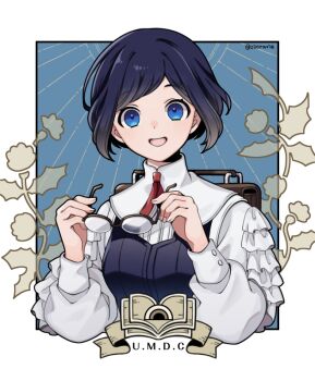 030ravie 1girl :d backpack bag blue_eyes blue_hair brown_bag collared_shirt commentary_request copyright_name cropped_torso frilled_shirt frilled_sleeves frills fukurai_azami hands_up holding holding_removed_eyewear long_sleeves looking_at_viewer neck_ribbon open_mouth red_ribbon ribbon shirt short_hair smile solo toshi_densetsu_kaitai_center unworn_eyewear upper_body white_shirt