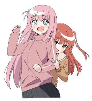 Rule 34 | 2girls, :d, black skirt, blue eyes, blush, bocchi the rock!, brown sweater, cropped torso, cube hair ornament, gotoh hitori, green eyes, hair ornament, haru (konomi 150), highres, jacket, kita ikuyo, long hair, long sleeves, multiple girls, one side up, open mouth, pink hair, pink jacket, pleated skirt, red hair, sailor collar, school uniform, serafuku, shuka high school uniform, simple background, skirt, smile, sweater, track jacket, white background, white sailor collar