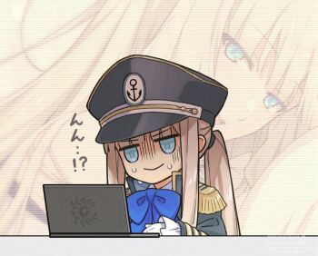 2boys bare_shoulders black_hat black_jacket blonde_hair blue_eyes bow bowtie brown_hair computer epaulettes fate/grand_order fate/grand_order_arcade fate_(series) gloves hat jacket laptop long_hair long_sleeves looking_at_viewer multiple_boys noah_(fate) noah_(second_ascension)_(fate/grand_order_arcade) noah_(third_ascension)_(fate) off_shoulder open_mouth peaked_cap ponytail saipaco shaded_face sidelocks smile translation_request very_long_hair white_gloves