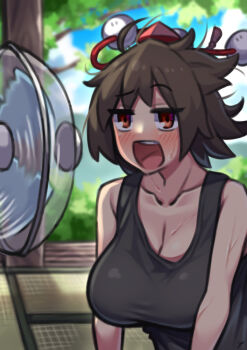 Rule 34 | 1girl, absurdres, ahoge, bare shoulders, black shirt, breasts, brown hair, cleavage, cloud, cloudy sky, collarbone, fan, hair blowing, hat, highres, hot, large breasts, looking at viewer, nikuatsu magician shinbo, open mouth, outdoors, pom pom (clothes), porch, red eyes, red hat, shameimaru aya, shirt, short hair, sitting, sky, solo, sweat, tank top, teeth, tokin hat, touhou, tree, upper teeth only