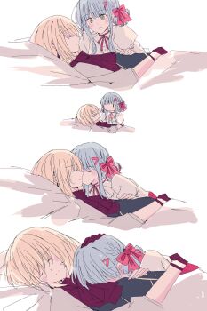 2girls 55ddee ascot aver_(yumenokessho) bang_dream! bang_dream!_it's_mygo!!!!! blonde_hair blue_hair blush bow closed_eyes doloris_(bang_dream!) double_bun gloves hair_bow hair_bun highres kiss lying_on_person medium_hair misumi_uika multiple_girls pink_bow purple_ascot purple_gloves shirt smile sweets_paradise togawa_sakiko white_shirt yellow_eyes yumenokessho yuri