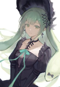 Rule 34 | 1girl, absurdres, arknights, bang dream!, bang dream! it's mygo!!!!!, black bonnet, black choker, black dress, bonnet, choker, chromatic aberration, closed mouth, commentary, dress, green eyes, green hair, highres, linkr, long hair, long sleeves, looking at viewer, official alternate costume, simple background, solo, very long hair, wakaba mutsumi, wakaba mutsumi (marionette's id), white background