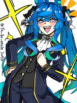 1girl @_@ ahoge animal_ears aqua_hair ascot black_vest blue_coat blue_eyes blue_hair blue_pants blush bow coat commentary_request contrapposto crossed_bangs hair_bow hand_on_own_chest hand_on_own_hip heterochromia highres horse_ears horse_girl lapels long_hair long_sleeves looking_at_viewer multicolored_hair notched_lapels notice_lines official_alternate_costume open_clothes open_coat open_mouth pants purple_eyes sharp_teeth sidelocks smile solo star_(symbol) striped_bow ta_bo_enzin teeth twin_turbo_(umamusume) twintails twitter_username two-tone_hair umamusume upper_teeth_only very_long_hair vest white_ascot white_background