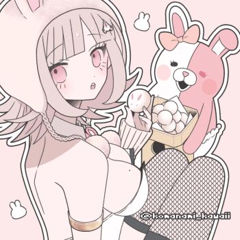 1girl :d :o animal_ears animal_hood armlet artist_name blush_stickers bow breasts brown_hair cleavage danganronpa_(series) danganronpa_2:_goodbye_despair ear_bow fake_animal_ears fishnet_thighhighs fishnets flipped_hair food hair_ornament holding hood jewelry komanami_kawaii large_breasts medium_hair mole mole_on_breast monomi_(danganronpa) nanami_chiaki open_mouth outline pink_eyes rabbit_hood smile thighhighs white_outline