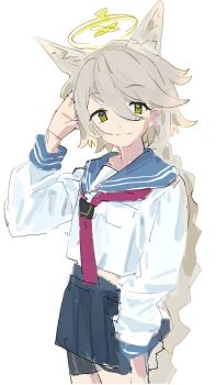 Rule 34 | 1girl, blue archive, blue eyes, grey hair, otogi (blue archive), qyuandee3, simple background, solo, twitter, white background