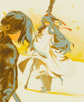 1boy 1girl bandage_over_one_eye black_boots black_coat black_hair blue_hair boots chinese_clothes coat commentary english_commentary from_behind full_body hair_ribbon hanfu high_ponytail highres holding holding_polearm holding_weapon hong_lu_(project_moon) hongyuan_(identity)_(project_moon) kampuzu light_smile limbus_company long_hair long_sleeves looking_back one_eye_covered open_mouth pants polearm ponytail project_moon red_ribbon ribbon ryoshu_(project_moon) sepia standing very_long_hair weapon white_hanfu white_pants wide_sleeves yellow_ribbon