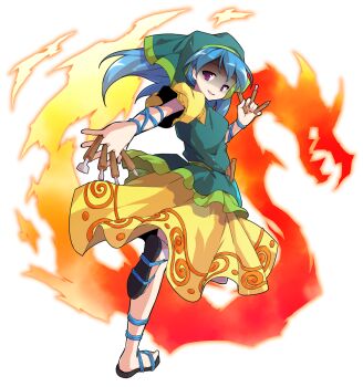 1girl alphes_(style) arm_ribbon between_fingers blue_hair blue_ribbon chisel commentary_request dairi dress fire full_body green_headscarf haniyasushin_keiki headscarf highres holding large_variant_set long_hair looking_at_viewer looking_back open_mouth parody puffy_sleeves purple_eyes ribbon sandals shaded_face smile solo standing standing_on_one_leg style_parody tachi-e tools touhou transparent_background variant_set wood_carving_tool yellow_dress