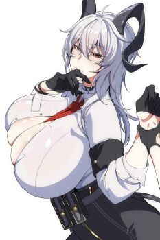 1boy 1girl ahoge black_choker black_gloves black_horns black_pants black_tail blush breasts cero_rains choker cleavage collared_shirt commentary curled_horns from_side gloves grabbing_another's_arm grey_hair hair_between_eyes highres horns huge_breasts light_blush long_hair looking_at_viewer male_rover_(wuthering_waves) mole mole_on_breast mole_under_eye multicolored_hair necktie open_clothes open_shirt pants pov red_necktie rover_(wuthering_waves) shirt simple_background streaked_hair tail white_background white_shirt wuthering_waves zani_(wuthering_waves)