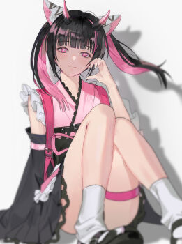 Rule 34 | 1boy, absurdres, animal ear fluff, animal ears, black hair, black shoes, black sleeves, blunt bangs, cho kaguya-hime!, closed mouth, commentary request, crossdressing, crossdressing (mtf), detached sleeves, frilled kimono, frills, half-heart hands, hand up, heart, heart-shaped pupils, highres, horns, japanese clothes, kimono, kimono dress, knees up, komazawa noi, long hair, long sleeves, looking at viewer, male focus, multicolored hair, pink eyes, pink horns, pink kimono, pink streaks, shoes, sitting, smile, socks, solo, streaked hair, symbol-shaped pupils, tiger ears, trap, twintails, white background, white socks, yaku (pixiv 42555484)