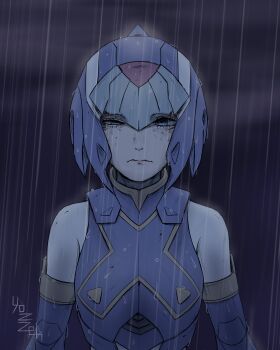 1girl absurdres armor blue_armor blue_eyes blue_helmet fairy_leviathan_(mega_man) forehead_jewel helmet highres mega_man_(series) mega_man_zero_(series) rain solo upper_body yozzzeh