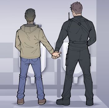Rule 34 | 2boys, bathroom, black footwear, black pants, black shirt, blonde hair, blue pants, brown footwear, brown hair, chest harness, chris redfield, commentary, denim, english commentary, ethan winters, from behind, guys holding hands while peeing (meme), harness, highres, holding hands, hood, hood down, hoodie, jeans, kalamari, long sleeves, male focus, meme, multiple boys, pants, resident evil, resident evil village, shirt, short hair, standing, urinal, yaoi, yellow hoodie