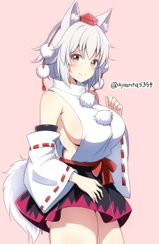 1girl animal_ears black_skirt blush breasts closed_mouth commentary_request cowboy_shot detached_sleeves grey_hair hat highres inubashiri_momiji kyanta5354 large_breasts looking_at_viewer medium_hair miniskirt pom_pom_(clothes) red_background red_eyes red_hat red_skirt ribbon-trimmed_sleeves ribbon_trim sideboob simple_background skirt smile tail tokin_hat touhou twitter_username two-tone_skirt wolf_ears wolf_girl wolf_tail