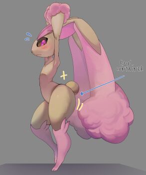 :< arms_up artist_request ass blush brown_sclera colored_sclera curvy english_text full_body furry gen_4_pokemon grey_background highres huge_ass looking_at_viewer lopunny nintendo open_mouth pink_background pink_eyes pokemon pokemon_(creature) rabbit_ears rabbit_tail simple_background standing wide_hips