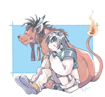 1boy 1girl black_hair closed_eyes cropped_sweater detached_sleeves final_fantasy final_fantasy_vii fire flame-tipped_tail from_side full_body green_sweater headband knees_up michibata_65 open_mouth orange_fur red_xiii ribbed_sweater short_hair shorts signature single_detached_sleeve single_shoulder_pad sitting sleeveless sleeveless_turtleneck socks sweater tail turtleneck turtleneck_sweater white_socks yuffie_kisaragi