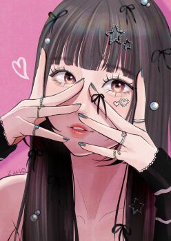 1girl artist_name blunt_bangs bow brown_hair collarbone commentary covering_face finger_bow fingernails grey_nails hair_bow hair_ornament heart highres jewelry long_hair long_sleeves looking_at_viewer looking_through_fingers multicolored_hair multiple_hair_bows multiple_rings nail_polish original parted_lips pink_background pink_eyes pink_hair pink_lips portrait ring simple_background solo star_(symbol) star_hair_ornament teeth zakikoillust