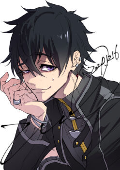 1boy black_hair black_jacket black_sweater bracelet closed_mouth dated earrings hair_between_eyes hand_on_own_chin highres jacket jewelry krai_andrey looking_at_viewer nageki_no_bourei_wa_intaishitai purple_eyes ring short_hair signature simple_background solo sweatdrop sweater upper_body white_background zuk28