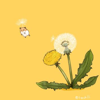 animal animal_focus commentary_request dandelion dandelion_seed flower hamster no_humans original plant simple_background upiupisyo yellow_background