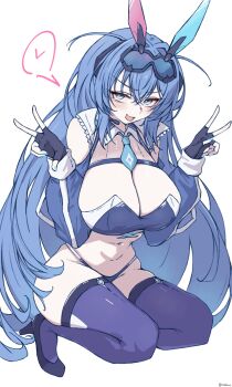 1006kbps 1girl absurdres azur_lane blue_eyes blue_hair blue_panties blue_shrug blue_thighhighs breasts cleavage fingerless_gloves gloves goggles goggles_on_head highres large_breasts long_hair navel necktie new_jersey_(azur_lane) new_jersey_(black_blur_prelude)_(azur_lane) official_alternate_costume panties race_queen shrug_(clothing) thighhighs underwear