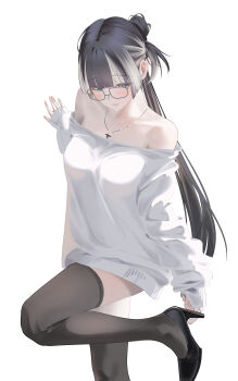 Rule 34 | 1girl, absurdres, bare shoulders, black-framed eyewear, black hair, black shoes, black thighhighs, blue eyes, blunt bangs, breasts, collarbone, commentary, grey hair, hair bun, high heels, highres, hololive, hololive dev is, jewelry, juufuutei raden, large breasts, long hair, long sleeves, looking at viewer, looking down, multicolored hair, necklace, no pants, off-shoulder sweater, off shoulder, shoes, simple background, single hair bun, solo, standing, standing on one leg, sweater, tanishi (hetianming11093), thighhighs, two-tone hair, virtual youtuber, white background