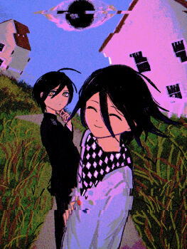 Rule 34 | 2boys, absurdres, ahoge, black hair, black jacket, blue sky, buttons, checkered clothes, checkered scarf, closed eyes, closed mouth, commentary request, danganronpa (series), danganronpa v3: killing harmony, distortion, film grain, flipped hair, glitch, grass, hair between eyes, hand on own hip, highres, house, jacket, long sleeves, looking at viewer, male focus, multiple boys, nuruma3da4, oma kokichi, pants, purple hair, saihara shuichi, scarf, short hair, sky, smile, static, surreal, two-tone scarf, upper body, yellow eyes