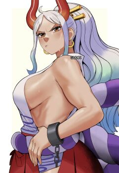 1girl ahoge aqua_hair artist_name blue_hair blush breasts brown_eyes closed_mouth clothing_cutout cuffs earrings egasumi forehead from_side frown gradient_hair gradient_horns gud0c hair_ornament hair_stick hakama hakama_pants highres hip_vent hoop_earrings horns huge_breasts japanese_clothes jewelry kimono long_hair looking_past_viewer looking_to_the_side multicolored_hair multicolored_horns muscular muscular_female one_piece orange_hair orange_horns outline pants parted_bangs pursed_lips red_horns rope shackles shimenawa shiny_skin shirt sidelocks simple_background sleeveless sleeveless_kimono sleeveless_shirt solo sweat toned toned_female very_long_hair white_background yamato_(one_piece)