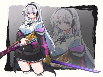 1girl amatsu_marei arm_at_side assault_lily belt belt_buckle black_hairband black_jacket black_ribbon black_skirt black_thighhighs border bow bow_hairband braid breasts buckle buttons closed_mouth collared_shirt cowboy_shot cropped_legs digamma gradient_background grey_background grey_hair hair_bow hair_ribbon hairband hand_up holding holding_sheath holding_sword holding_weapon jacket jewelry large_breasts long_hair long_sleeves looking_at_viewer miniskirt neck_ribbon off_shoulder outside_border pleated_skirt pouch ribbon ring scabbard school_uniform sheath shirt side_braid skirt solo standing sword symbol-shaped_pupils thigh_belt thigh_strap thighhighs two-sided_fabric two-sided_jacket unsheathed v-shaped_eyebrows very_long_hair weapon white_belt white_border white_shirt zoom_layer