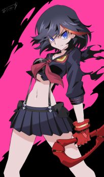 Rule 34 | 1girl, black hair, blue eyes, commentary request, gloves, highres, kill la kill, looking at viewer, matoi ryuuko, midriff, multicolored hair, mutsuki riichi, navel, pleated skirt, red hair, school uniform, scissor blade (kill la kill), senketsu, serafuku, short hair, signature, skirt, solo, streaked hair, suspenders, two-tone hair