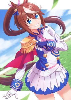 Rule 34 | 1girl, absurdres, animal ears, ascot, asymmetrical gloves, blue eyes, blue gloves, blue sky, blush, bow, breasts, brown hair, buttons, cape, cloud, double-breasted, ear ribbon, epaulettes, gloves, grass, grin, hair between eyes, hashtag-only commentary, high ponytail, highres, horse ears, horse girl, horse tail, jacket, long hair, long sleeves, looking at viewer, mismatched gloves, multicolored hair, multicolored jacket, open mouth, pink ascot, ponytail, red cape, row (kentaro 0904), single epaulette, skirt, sky, small breasts, smile, solo, streaked hair, tail, teeth, tokai teio (peak joy) (umamusume), tokai teio (umamusume), two-tone hair, two-tone jacket, two-tone skirt, umamusume, white gloves, white hair, white jacket, white skirt