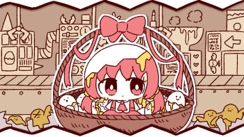 1girl alternate_hair_color ascot baby_animal basket bird bow bright_pupils chibi chibi_only chick closed_mouth collared_shirt colored_skin conveyor_belt cracked_egg dress egg expressionless facing_viewer imigo-chan looking_to_the_side low_twintails machine pepoyo pinafore_dress red_ascot red_bow red_dress red_eyes red_hair red_ribbon ribbon shirt sleeveless sleeveless_dress solo twintails white_pupils white_shirt white_skin