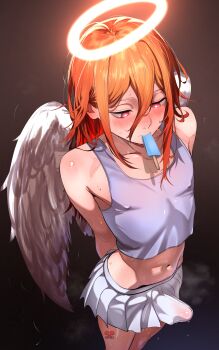 absurdres angel_devil_(chainsaw_man) angel_wings bulge chainsaw_man erection erection_under_clothes esmile halo highres orange_hair pleated_skirt skirt white_skirt wings