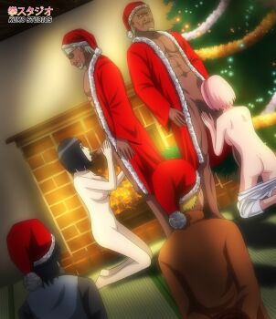 2boys absurdres bbc boruto:_naruto_next_generations christmas dark-skinned_male dark_skin group_sex haruno_sakura hetero highres hyuuga_hinata interracial kneeling kumostudios mature_female multiple_boys naruto_(classic) naruto_(series) netorare oral penis raikage sasuke_uchiha uchiha_sasuke uzumaki_naruto
