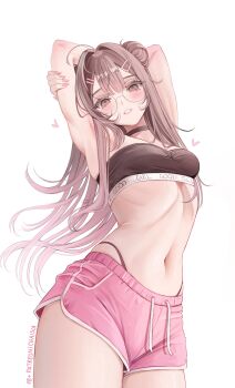 1girl absurdres among_us black_bra blush bra brown_eyes brown_hair chaisia_art glasses gradient_hair hair_bun highres long_hair michi_(chaisia_art) multicolored_hair navel original pink_hair pink_shorts shorts solo stomach underwear