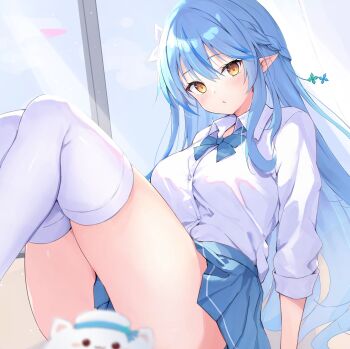 1girl absurdres asktyuni blue_hair blue_skirt blush braid collared_shirt commentary_request elf flower hair_between_eyes hair_flower hair_ornament highres hololive indoors long_hair long_sleeves looking_at_viewer pleated_skirt pointy_ears school_uniform shirt skirt thick_thighs thighhighs thighs three-quarter_sleeves very_long_hair white_flower white_shirt white_thighhighs white_trim yellow_eyes yukihana_lamy yukimin_(yukihana_lamy)
