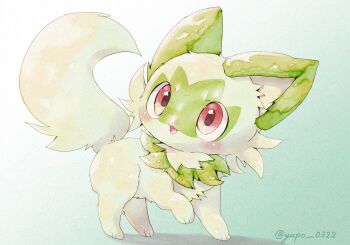 animal_focus artist_collaboration blush cat commentary_request green_background green_theme highres looking_up nintendo no_humans pink_eyes pokemon pokemon_(creature) pokemon_focus remedy_matome shadow smile solo sprigatito twitter_username yupo_0322
