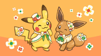 0726mizuki ;3 animal_focus bow capelet closed_mouth clothed_pokemon commentary_request eevee flower gen_1_pokemon hand_on_own_chin hat mini_hat mini_top_hat nintendo no_humans official_art one_eye_closed orange_background pikachu poke_ball poke_ball_(basic) poke_ball_theme pokemon pokemon_(creature) pokemon_focus second-party_source smile top_hat white_bow white_capelet white_flower white_hat