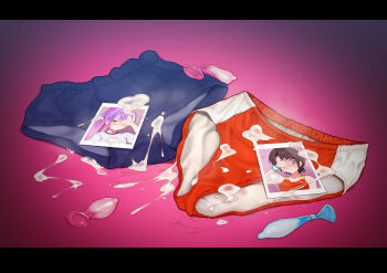 Rule 34 | 2girls, brown hair, buruma, clothes on floor, commentary request, condom, cum, cum on clothes, cum on picture, highres, hololive, implied after sex, long hair, miga (migao), multiple condoms, multiple girls, no humans, oozora subaru, pink hair, polaroid photo, purple hair, short hair, tokoyami towa, unworn clothes, used condom, virtual youtuber