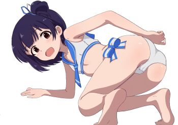 1girl :d all_fours ass bare_arms bare_legs barefoot bikini black_hair blue_sailor_collar bow bow_bikini brown_eyes cameltoe flat_chest from_behind full_body highres idolmaster idolmaster_million_live! loli looking_at_viewer looking_back magusancients nakatani_iku one_side_up open_mouth sailor_bikini sailor_collar sailor_swimsuit_(idolmaster) short_hair simple_background smile solo swimsuit white_background white_bikini