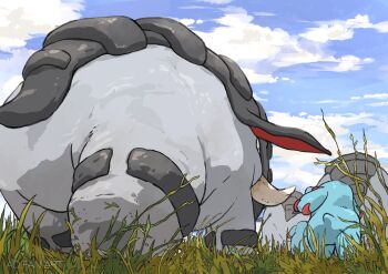 animal_focus aomon_(yuuji7604) blue_sky cloud donphan evolutionary_line from_behind gen_2_pokemon grass highres nintendo no_humans outdoors phanpy pokemon pokemon_(creature) pokemon_focus sky tail tusks