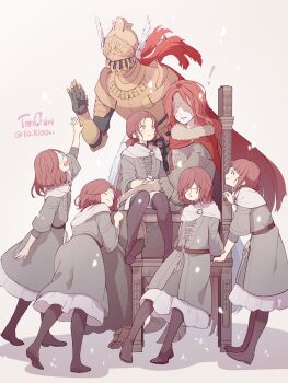 &gt;_&lt; 6+girls aged_down amy,_third_sister_(elden_ring) boots bug cape chair cleanrot_knight cleanrot_knight_finlay commentary commentary_request dress elden_ring family fromsoftware grey_dress highres hug knight long_hair long_sleeves low_ponytail malenia_blade_of_miquella mary,_eldest_sister_(elden_ring) mature_female maureen,_second_sister_(elden_ring) millicent_(elden_ring) mother_and_daughter multiple_girls no_headwear polyanna,_youngest_sister_(elden_ring) ponytail red_cape red_hair siblings simple_background sisters sitting tenchiri wavy_hair white_background yellow_eyes