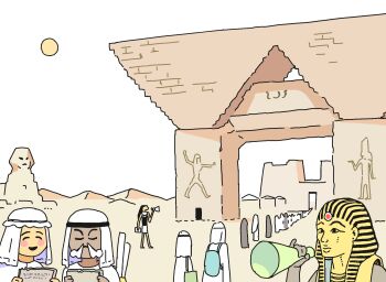 1girl 3boys 6+others ancient_egyptian ancient_egyptian_clothes backpack bag clear_sky comiket egyptian_art emoji highres keffiyeh megaphone multiple_boys multiple_others original outdoors pharaoh pyramid_(structure) queue rid0922 sky great_sphinx_of_giza sun tokyo_big_sight upper_body white_sky